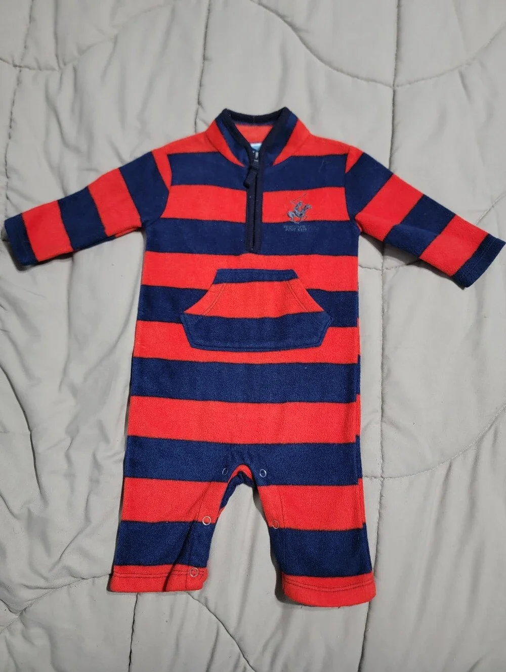 Beverly Hills Polo Club Dk Blue & Red Stripe Quarter Zip Fleece Onesie-Size 3-6m
